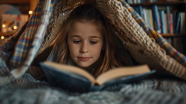 A child reading a book under a blanket fort photo