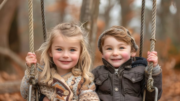 Siblings playing on a swing set photo