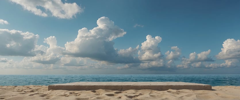 Stone podium stand in Summer sand and tropical sea background, Empty minimal stage design holiday sea beach sky cloud. photo
