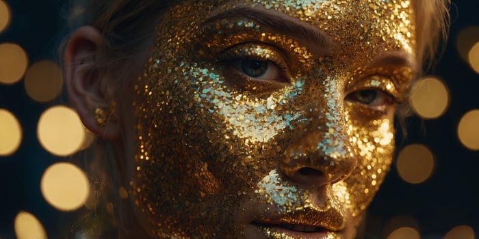A closeup of a face covered in golden glitter, evoking a mystical and artistic vibe. photo