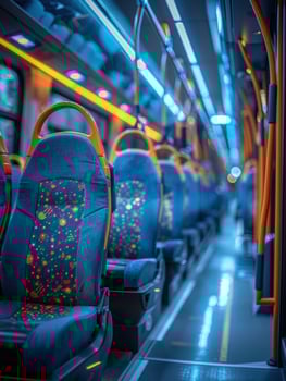 Empty seats on a modern bus, lit by overhead lights photo