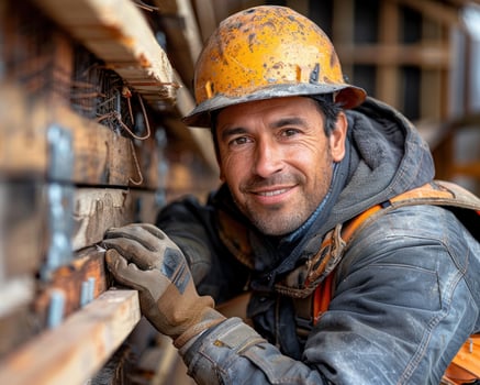 A construction worker in a hard hat looks intently at his work photo