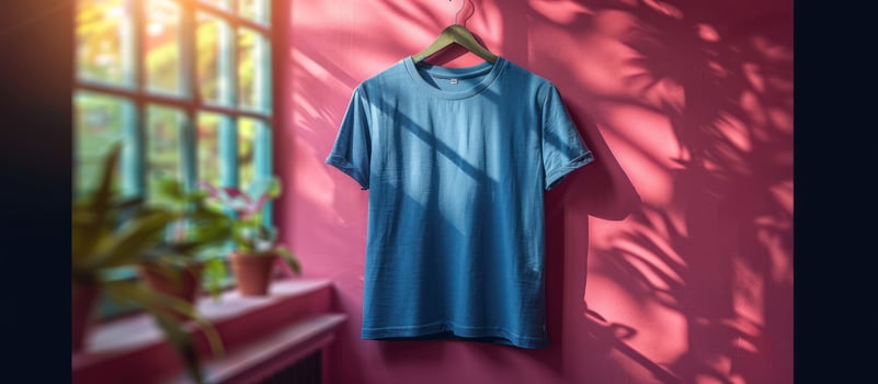 A blue t - shirt hanging on a wall in front of a window photo