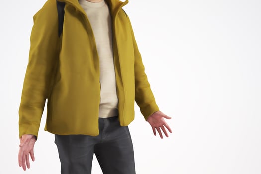 Person wearing yellow jacket, white shirt and black pants. High quality 3D rendered images. photo