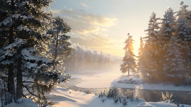 Serene Winter Scene Snow-Covered Landscape with Tall Pine Trees, Frozen Lake, and Gentle Sunlight photo