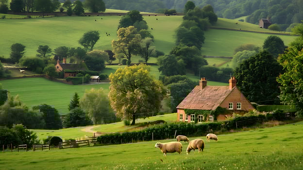 Serene Countryside Retreat Rolling Green Hills, Grazing Sheep, and Picturesque Farmhouse photo