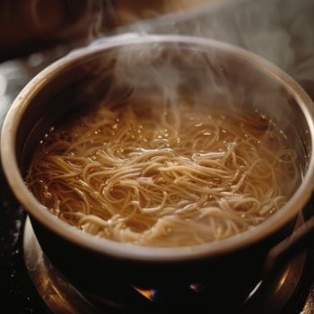 A pot of boiling water with a of uncooked soba noodles inside photo