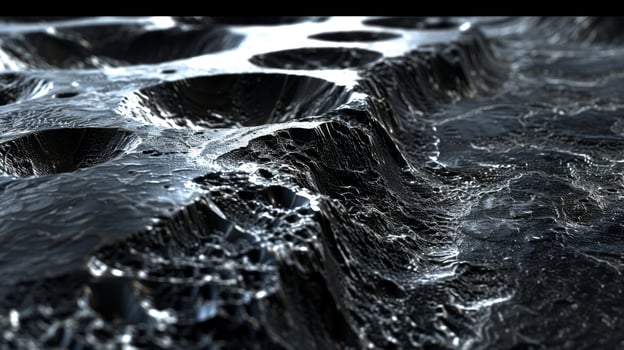 A closeup view of a bubbly shiny surface with deep ridges and grooves giving the impression of an otherworldly landscape photo