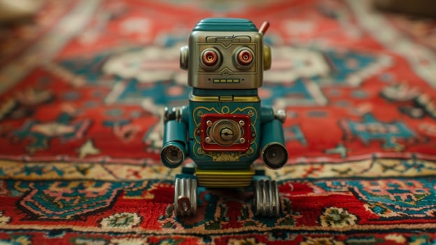 A nostalgic windup robot with its gears and wheels exposed hovers effortlessly above a retro rug a symbol of the endless possibilities of the imagination photo