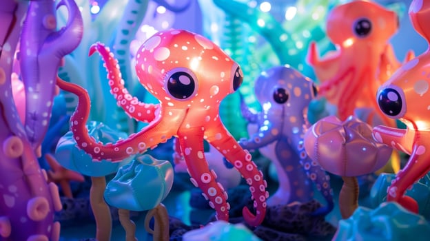 A whimsical underwater wonderland featuring 3D inflatable sculptures of sea creatures giving the illusion of depth and motion photo