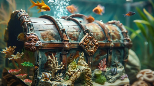 An imaginative fish tank shaped like a treasure chest with a lid that opens to reveal a hidden underwater world photo