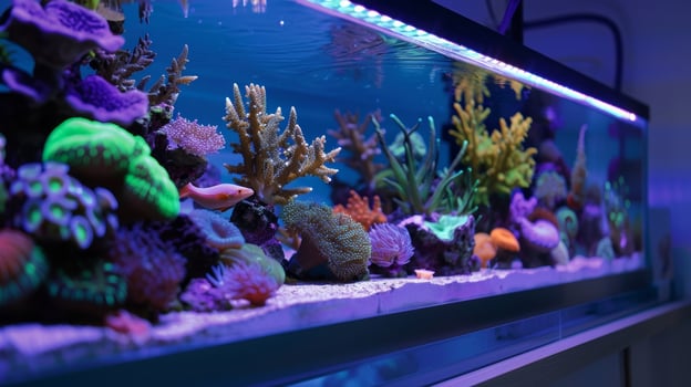 A floating shelf with hidden LED lighting built into the underside highlighting the beautiful underwater scenery in the attached aquarium photo