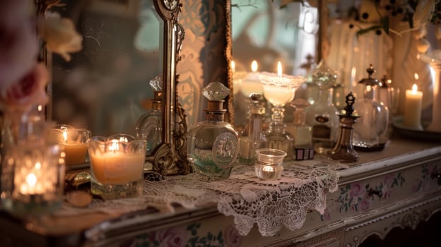 A romantic vanity table dd in a lace cloth and displaying a collection of antique perfume bottles. Soft candlelight adds to the dreamy and nostalgic atmosphere photo