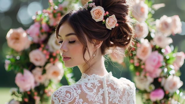 Soft blush roses adorn the hair of a bride in a stunning Victorianinspired dress. The fitted silhouette highlow hem and intricate lace patterns exude regal sophistication photo