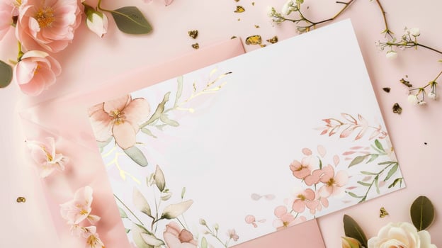 A dreamy and romantic design for soft pink stationery featuring watercolor florals and a touch of gold foil photo