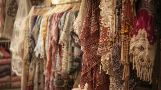 The hustle and bustle of a bustling marketplace fades away as you step into this charming stall filled with delicate lace ribbons and intricately patterned fabrics photo