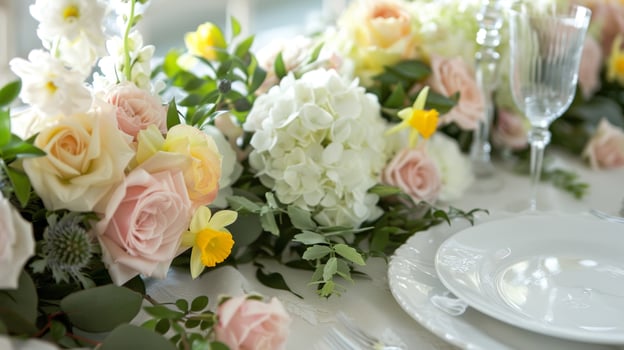 A springinspired tablescape featuring a runner of soft pink roses and hydrangeas with pops of yellow daffodils and greenery for a fresh look photo