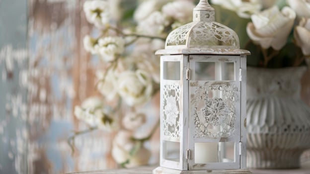 A vintageinspired lantern candleholder with intricate lace outs and a distressed white finish capturing the essence of the Victorian aesthetic photo