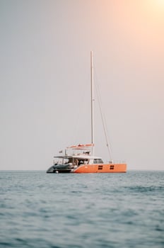 yacht on calm sea. Luxury cruise trip. View from above of white photo