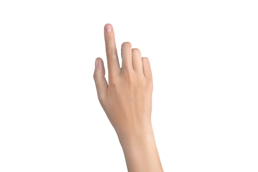 Woman's hand with outstretched index finger. Indicates, pokes, smears, touches. Isolated on white background photo