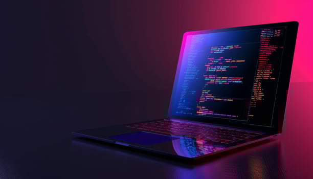 Modern laptop displaying computer code on screen in dark room setting photo