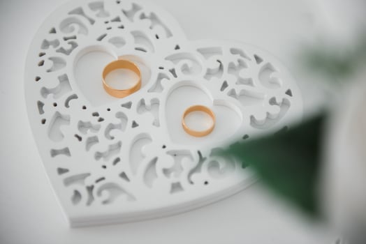Beautiful wedding gold rings in heart photo