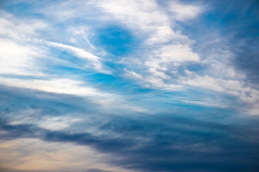 Sunset sky. Abstract nature background. Dramatic blue and orange, colorful clouds at twilight time photo