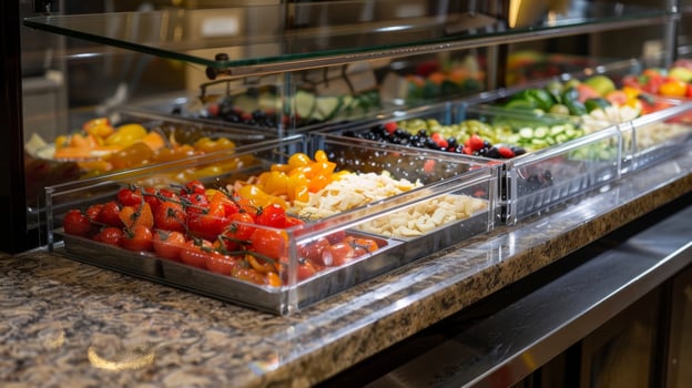 A clear glass sneeze guard protecting the toppings from airborne germs photo