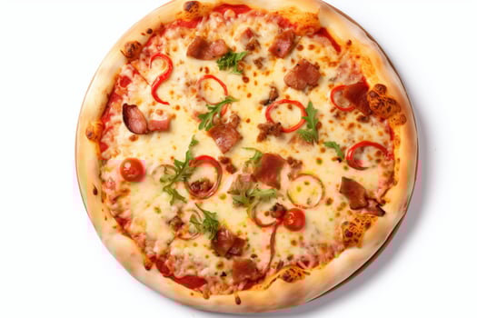Pizza with tomatoes, ham and pepper on a white background photo