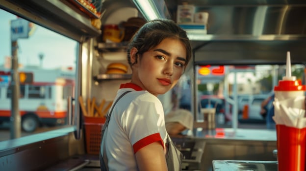 A woman with black hair in a food truck, looking at the camera near a building photo