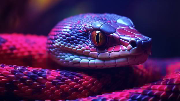 Colorful snake in neon violet and purple colors. Dark background with a close-up. photo