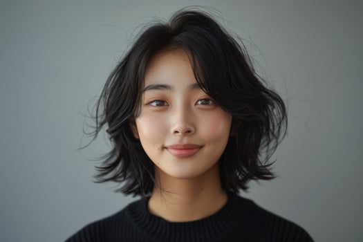 Asian Woman in Black Hair and Sweater photo