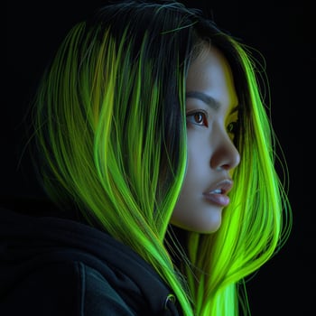Indonesian Woman With Bright Green Hair in Black Hoodie photo