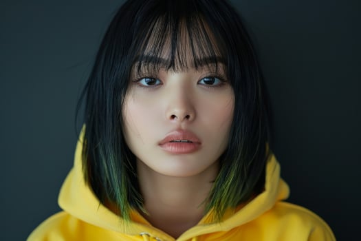 Woman With Black Hair and Yellow Hoodie photo