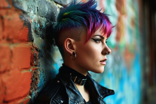 Portrait of a woman with a colorful punk haircut. AI generate photo