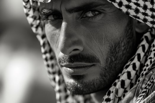 Intense gaze of a man in traditional headscarf photo