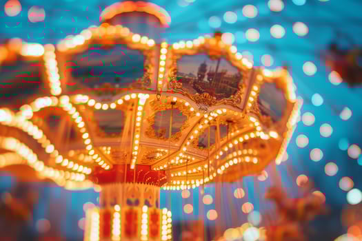 Glowing carousel lights capture the magic of an amusement park at twilight photo