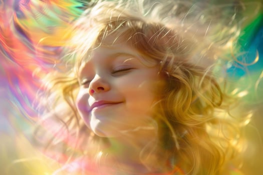 Sunlit child embracing a rainbow breeze photo