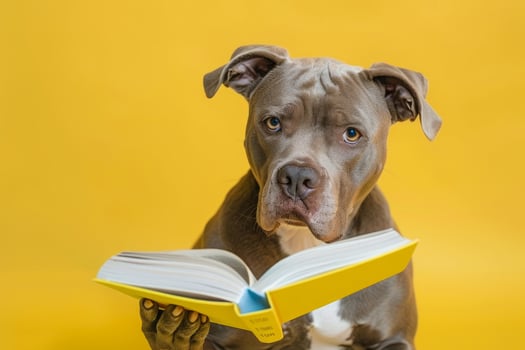 Intelligent dog reading book on yellow background photo