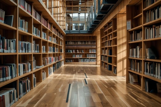 Modern library interior with wooden shelves photo