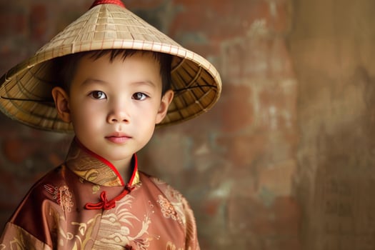 Young boy in traditional asian attire with conical hat photo