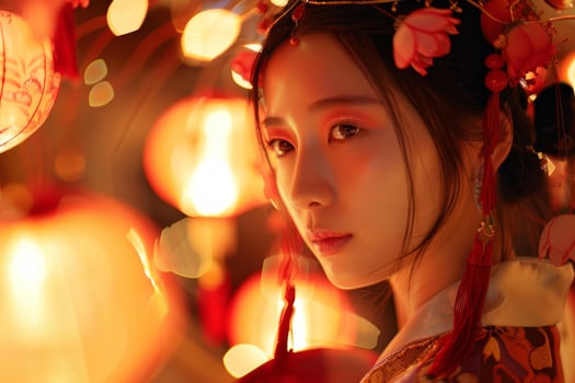 Enchanting woman with traditional lanterns photo