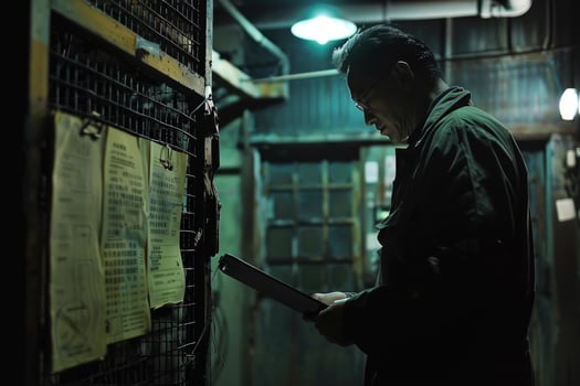 Worker inspecting schedule in industrial environment photo