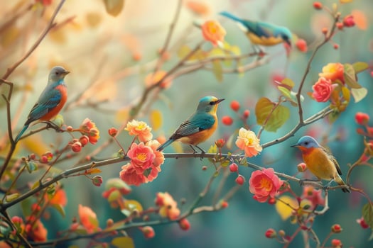 Majestic birds perched on blossoming branches photo