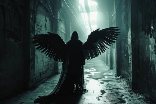 Mysterious angel in dark alley photo
