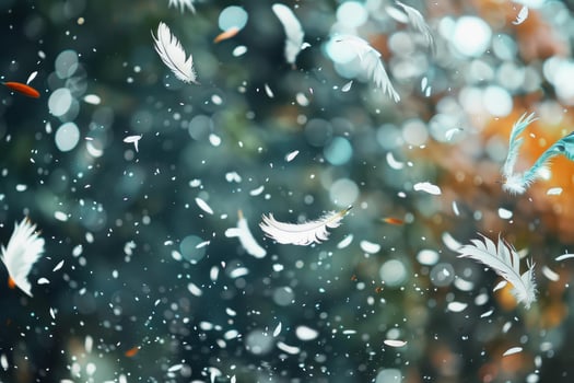 Whimsical feathers falling in magical ambiance photo