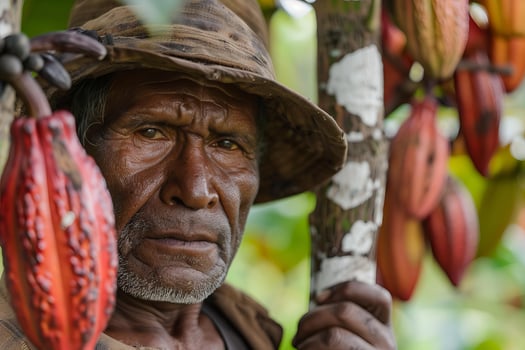 Farmer with cocoa pods in tropical plantation photo