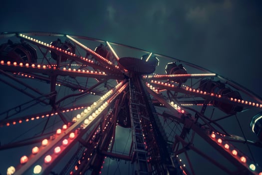 Ferris wheel illuminated by red lights against an evening sky photo