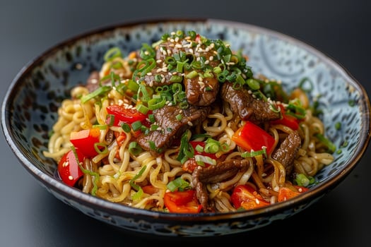 Yakisoba noodles with vegetables and sesame seeds. Japanese food photo