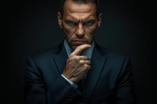 Portrait of a businessman thinking with one hand on his chin looking at camera. Business, curiosity, planning, feasibility analysis, solving problem, finding solution photo